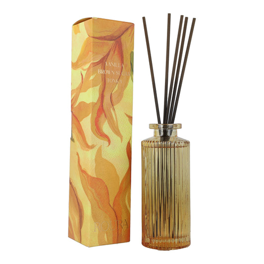 Ambientador mikado vainilla y tonka en frasco rayado amarillo Roura 100 ml