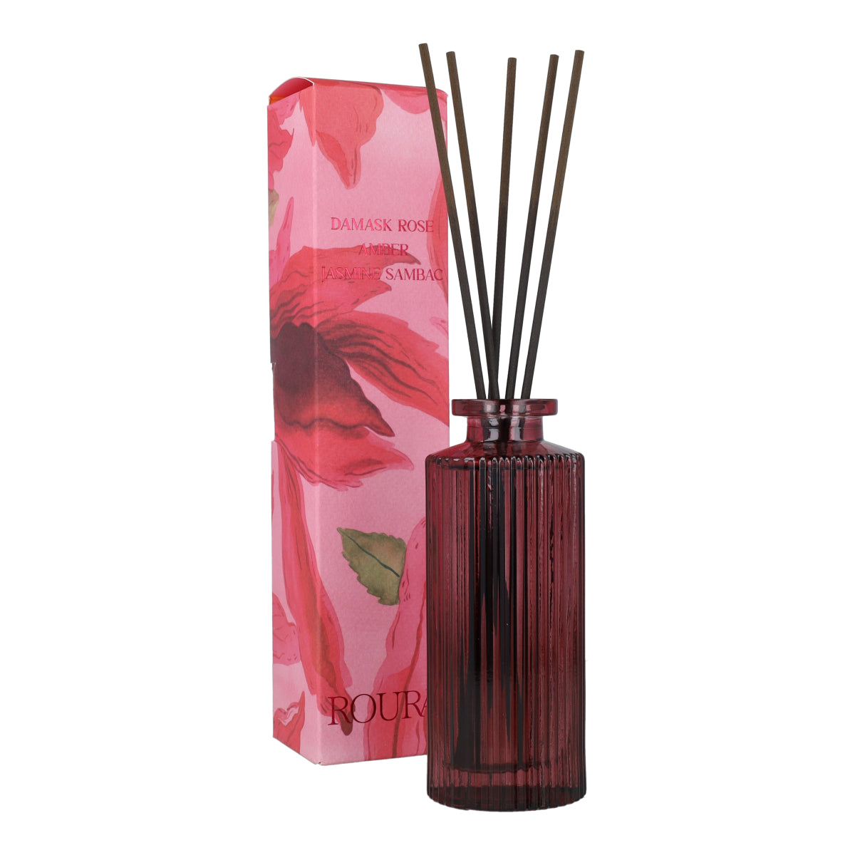 Ambientador mikado rosa de Damasco en frasco rayado granate Roura 100 ml
