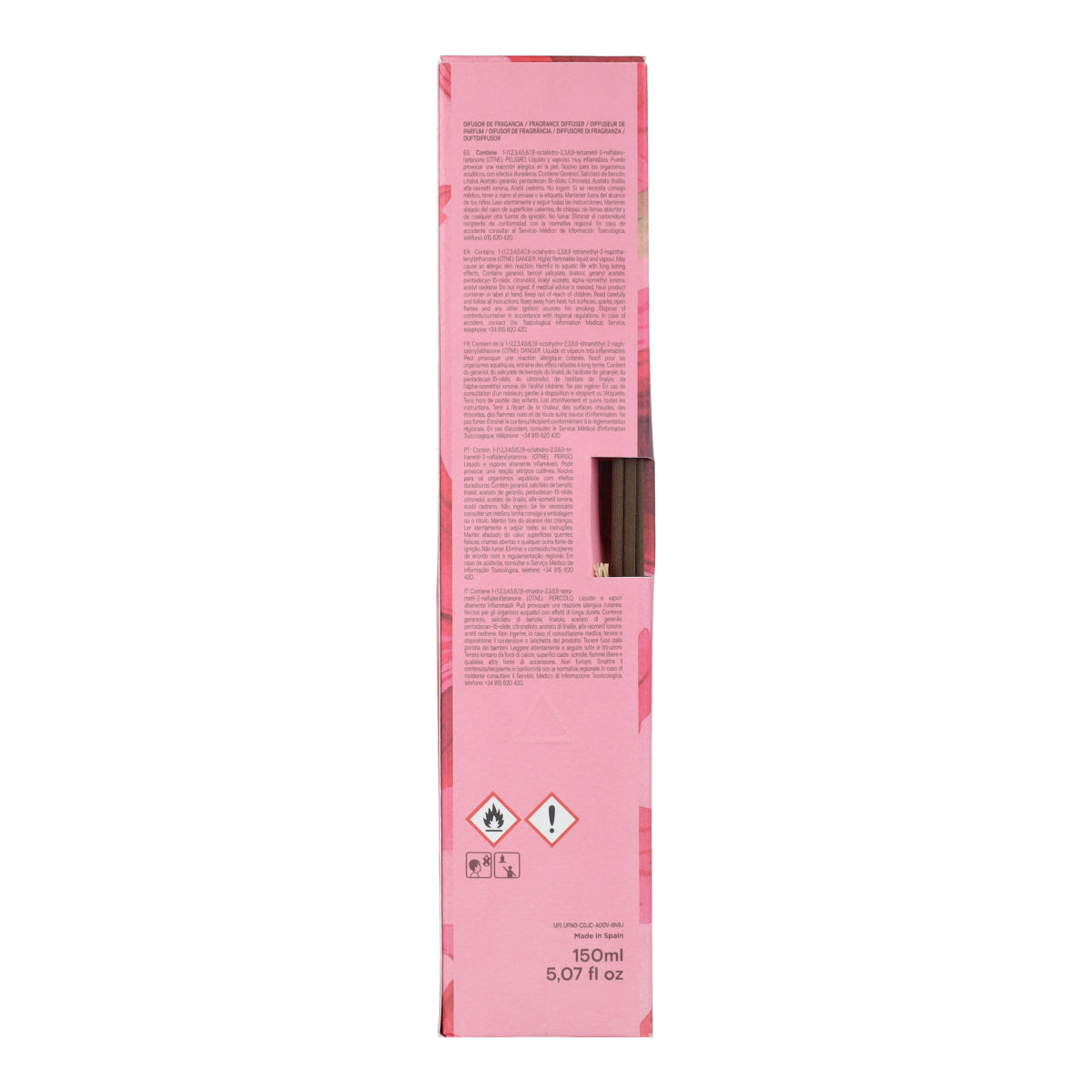 Ambientador mikado rosa de Damasco en frasco rayado granate Roura 100 ml