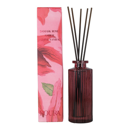 Ambientador mikado rosa de Damasco en frasco rayado granate Roura 100 ml