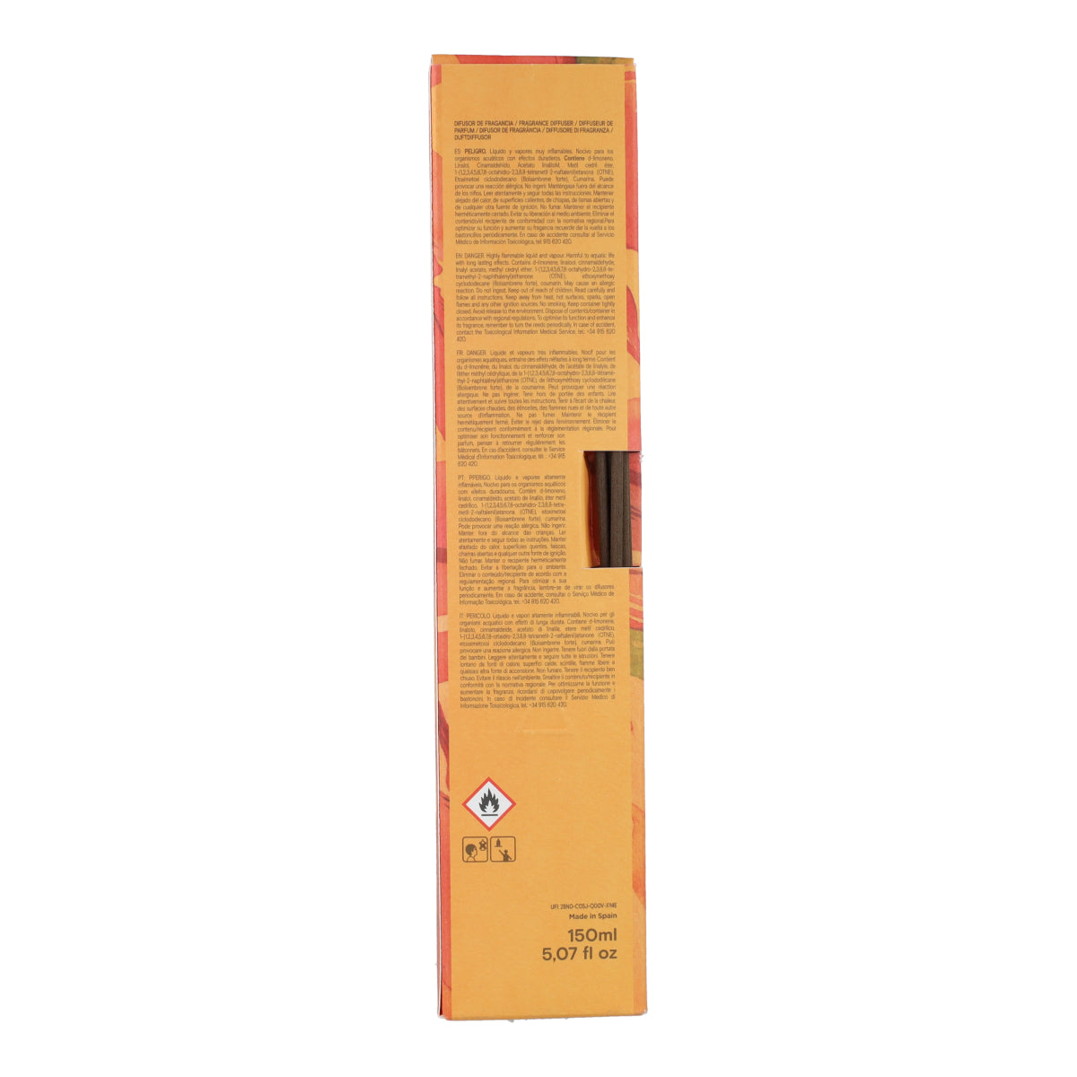 Ambientador mikado Oriental Oud en frasco rayado naranja Roura 100 ml