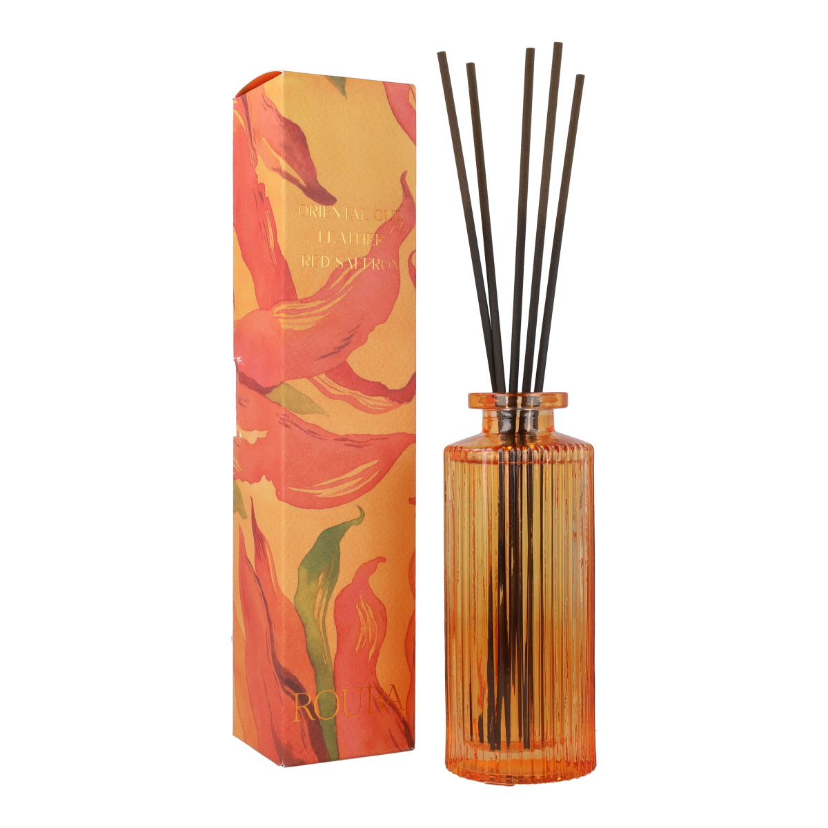 Ambientador mikado Oriental Oud en frasco rayado naranja Roura 100 ml