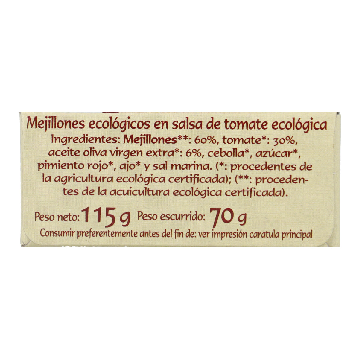 Mejillones ecológicos en salsa de tomate ecológica en Lata Pan do Mar 115g