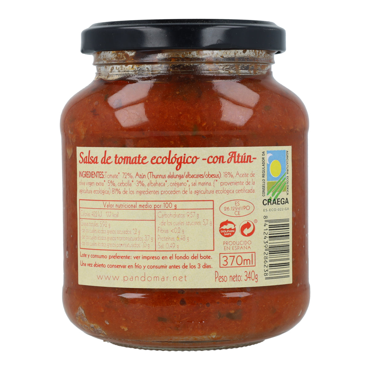 Salsa de tomate ecológico con atún en Vidrio Pan do Mar 340g