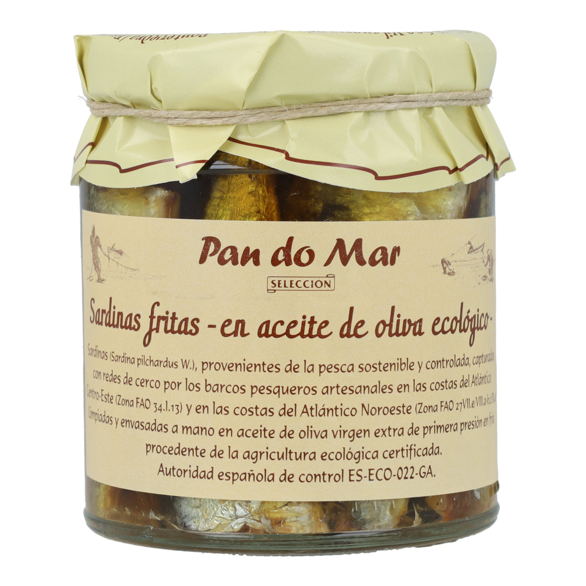 Sardinas fritas en aceite de oliva ecológico en Vidrio Pan do Mar 220g