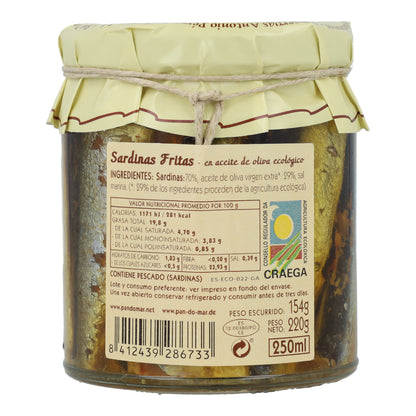 Sardinas fritas en aceite de oliva ecológico en Vidrio Pan do Mar 220g