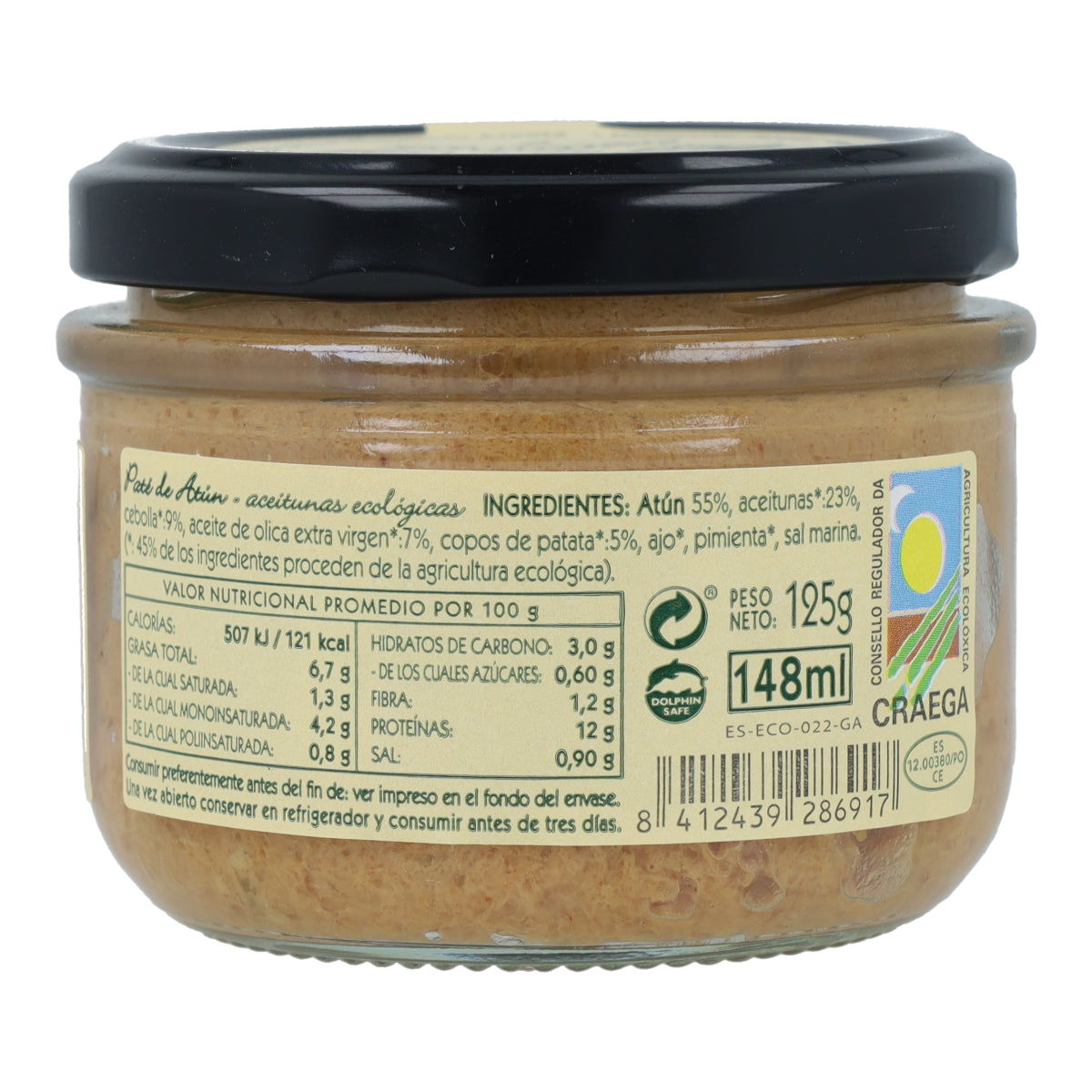 Paté de atún con aceitunas ecológicas en Vidrio Pan do Mar 125g
