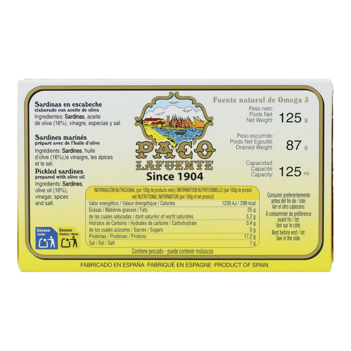 Sardinas en escabeche Paco Lafuente 115 g (3/5 pza)