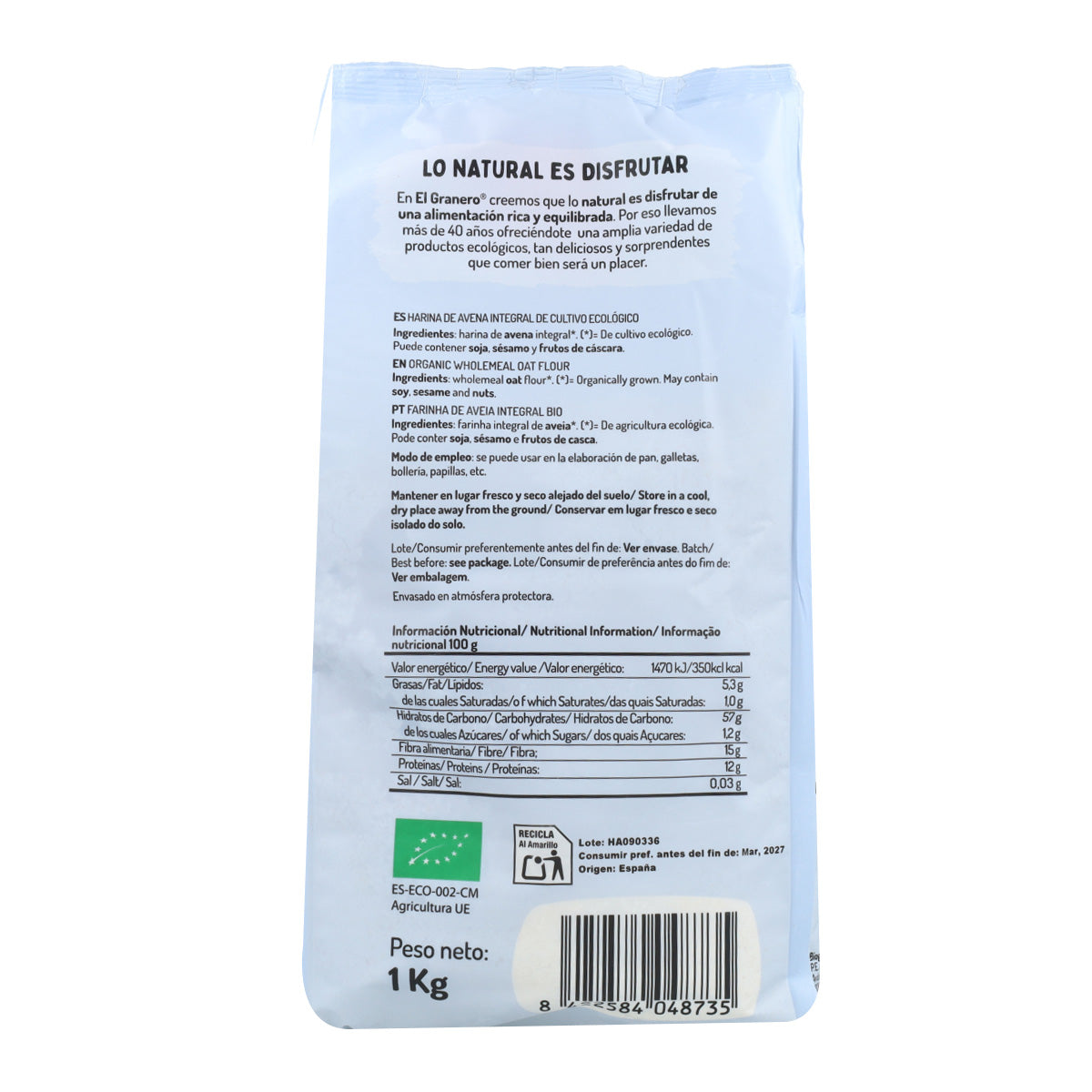Harina de Avena Integral Bio El Granero 1 Kg