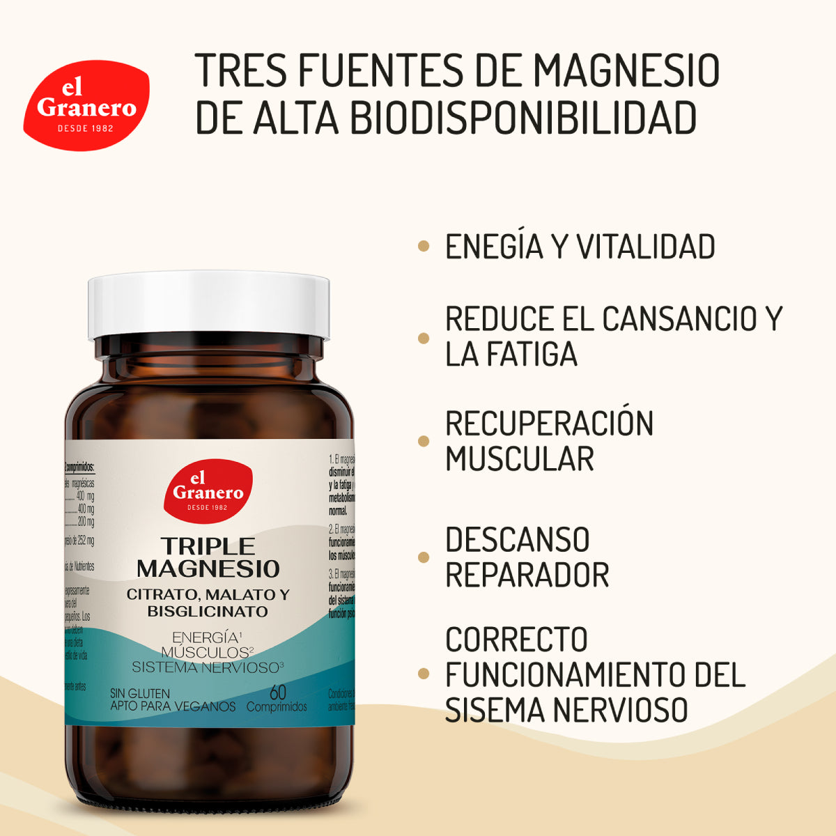 Triple Magnesio (Cistato, Malato y Bisglicinato) en cápsulas El Granero 60 comprimidos