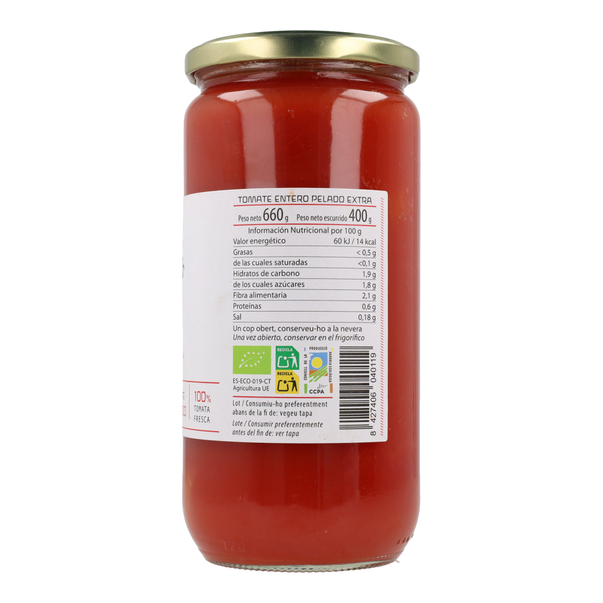 Tomate entero pelado ECO Cal Valls 660 g