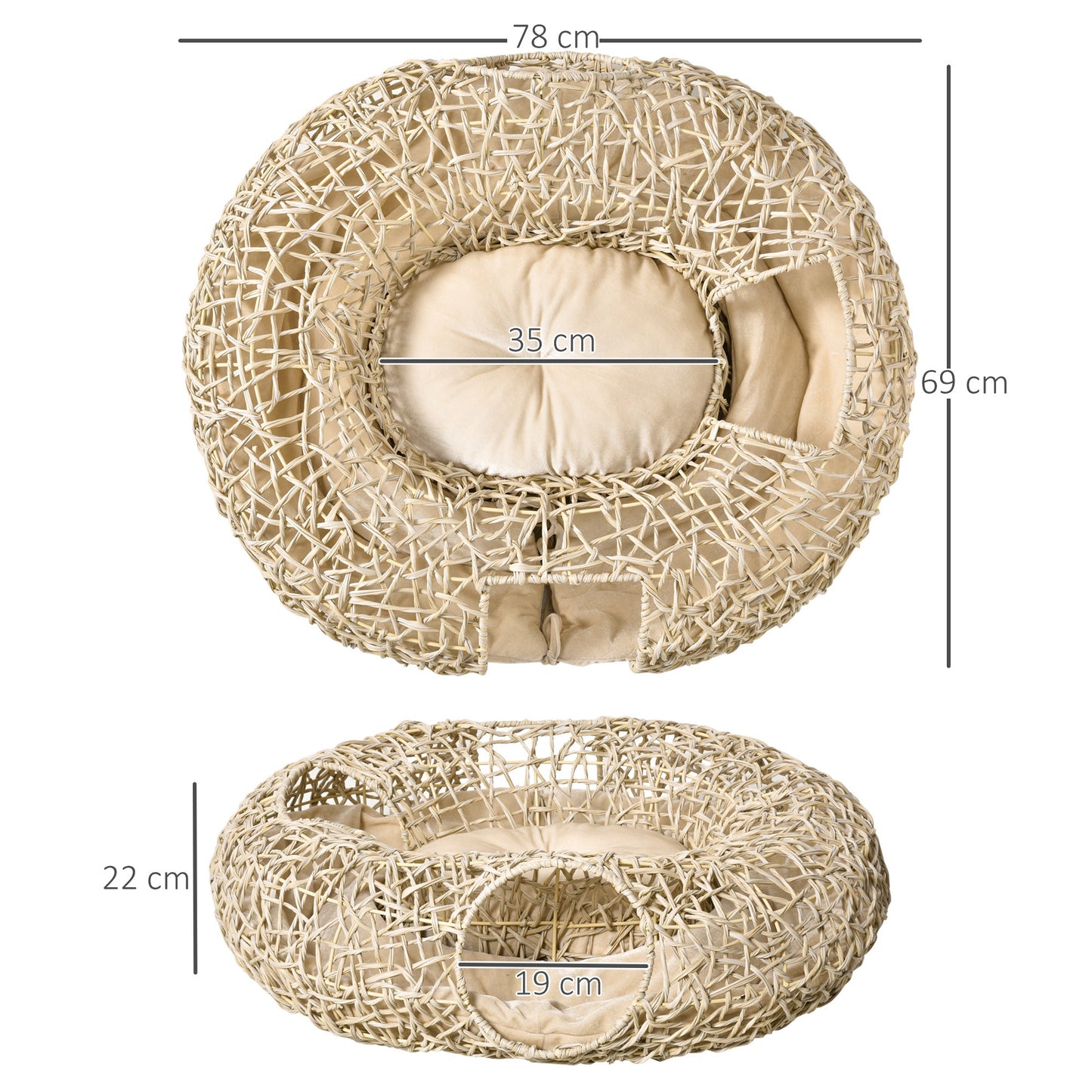 Pawhut Cama Para Gatos De Ratán 78x69x22cm Cesta Para Gatos Rolliza Cojín Suave_2