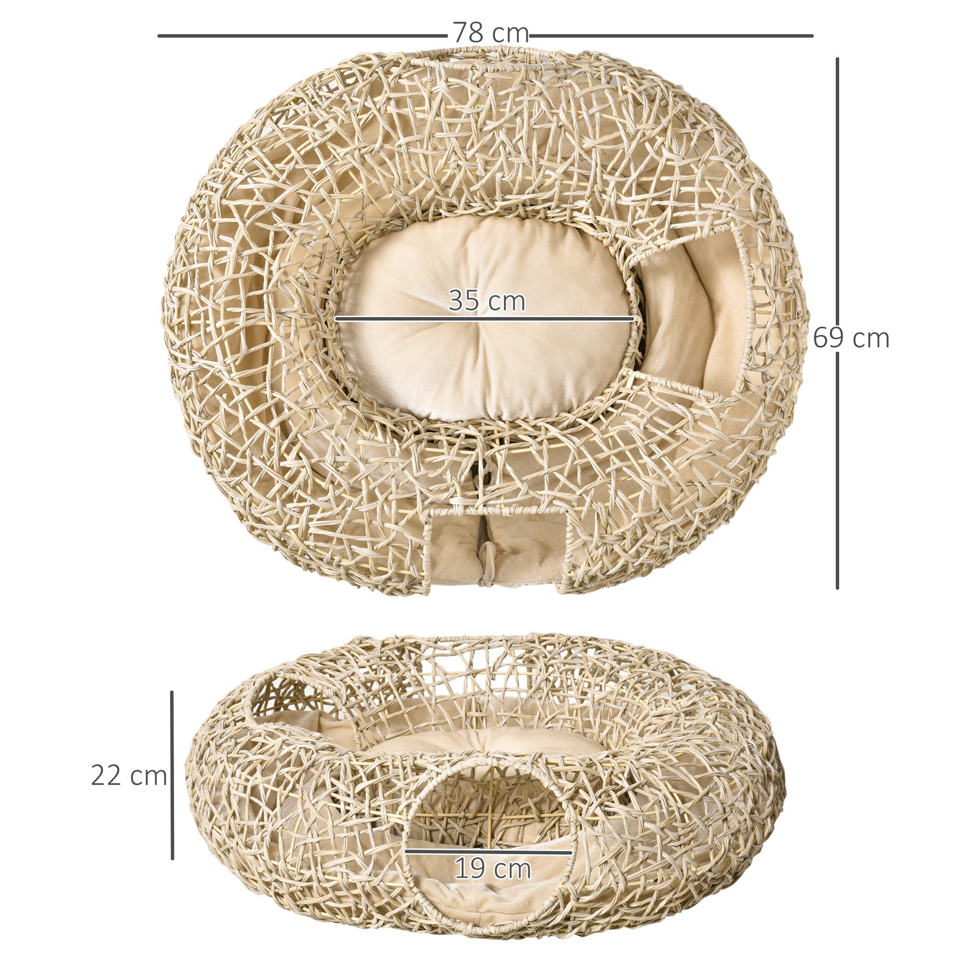 Pawhut Cama Para Gatos De Ratán 78x69x22cm Cesta Para Gatos Rolliza Cojín Suave_2