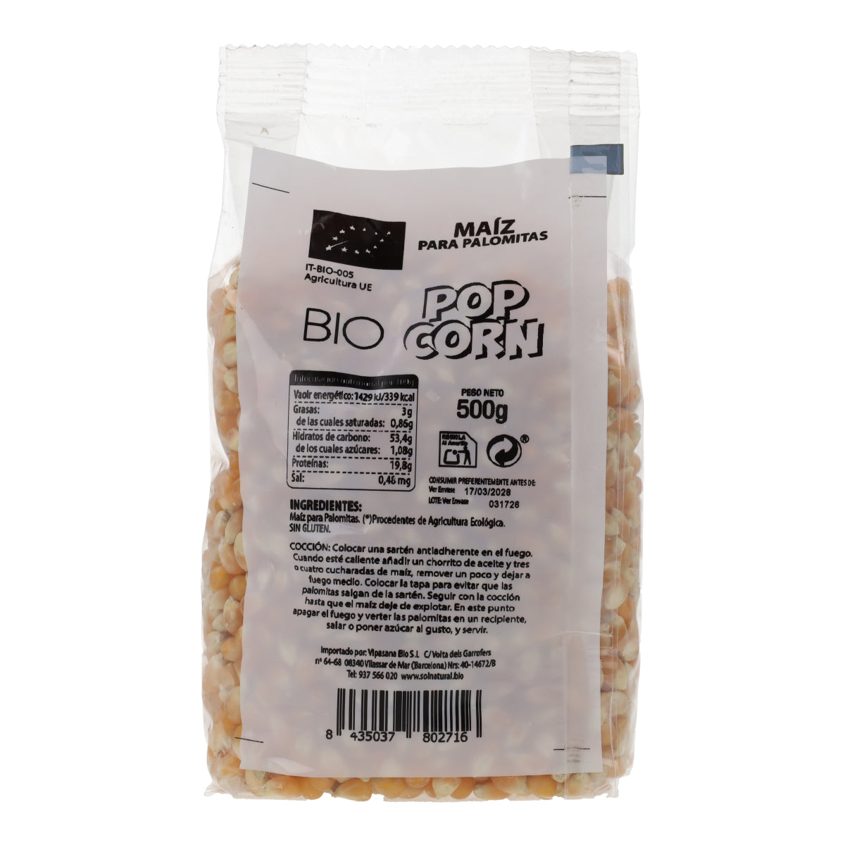 Maíz para palomitas bio Sol Natural 500 g