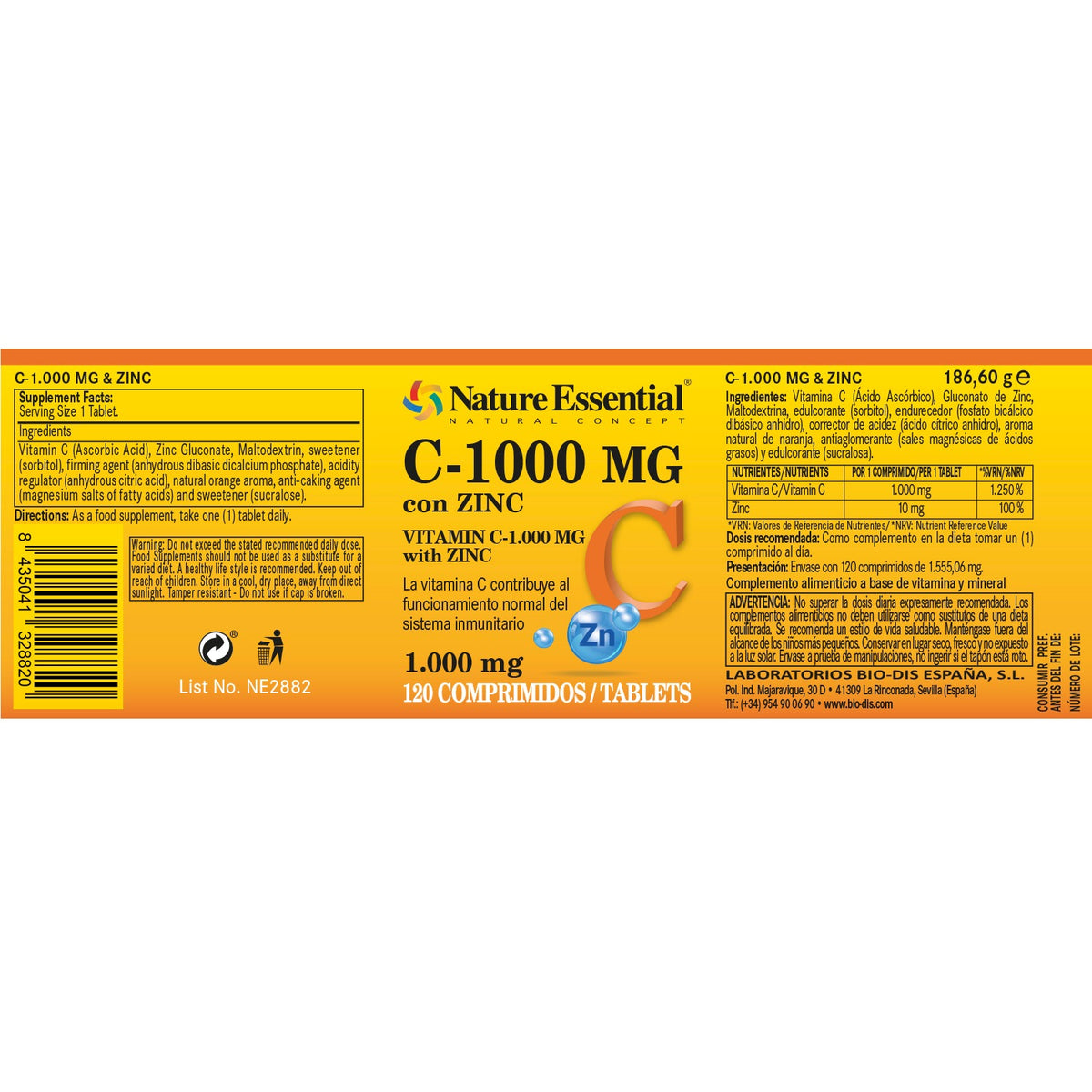 Vitamina C 1000 mg + Zinc 10 mg 120 Comprimidos