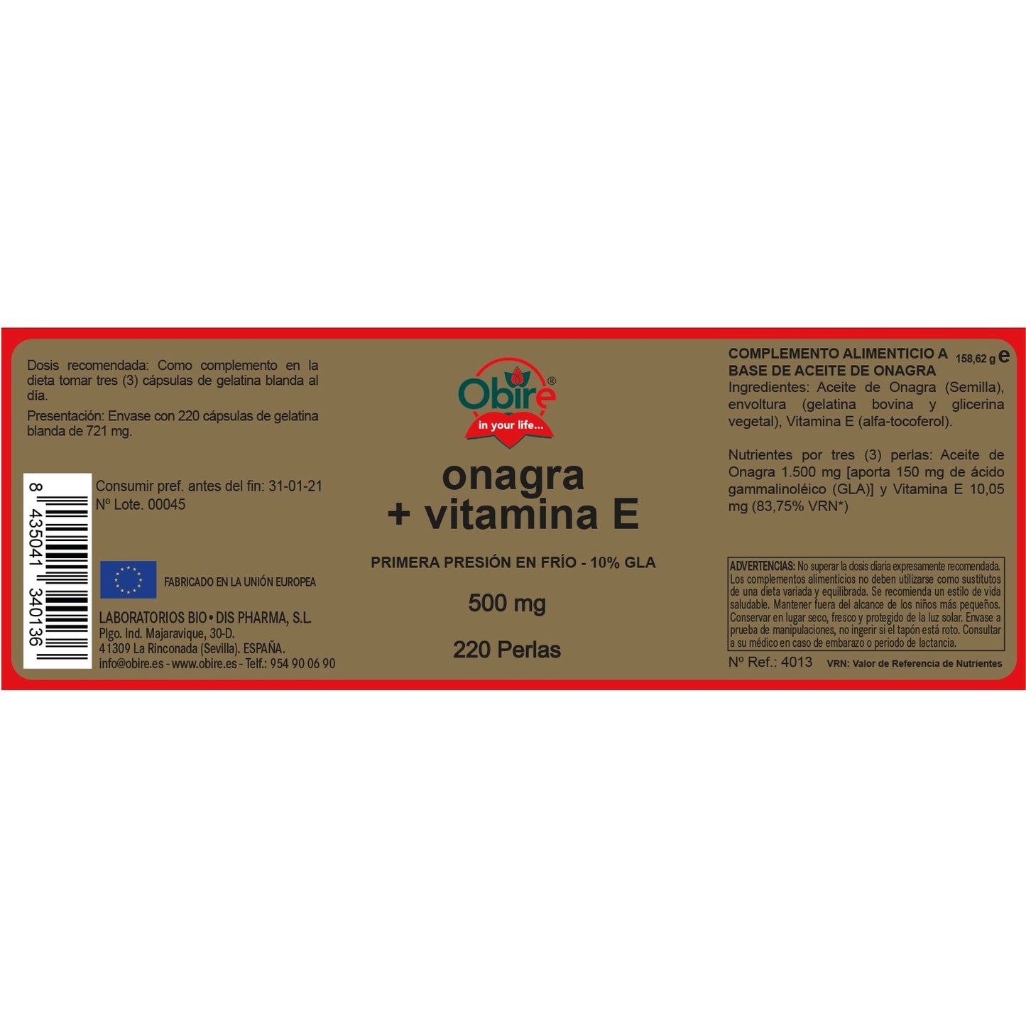 Aceite de Onagra 500 mg con Vitamina E Obire 220 perlas