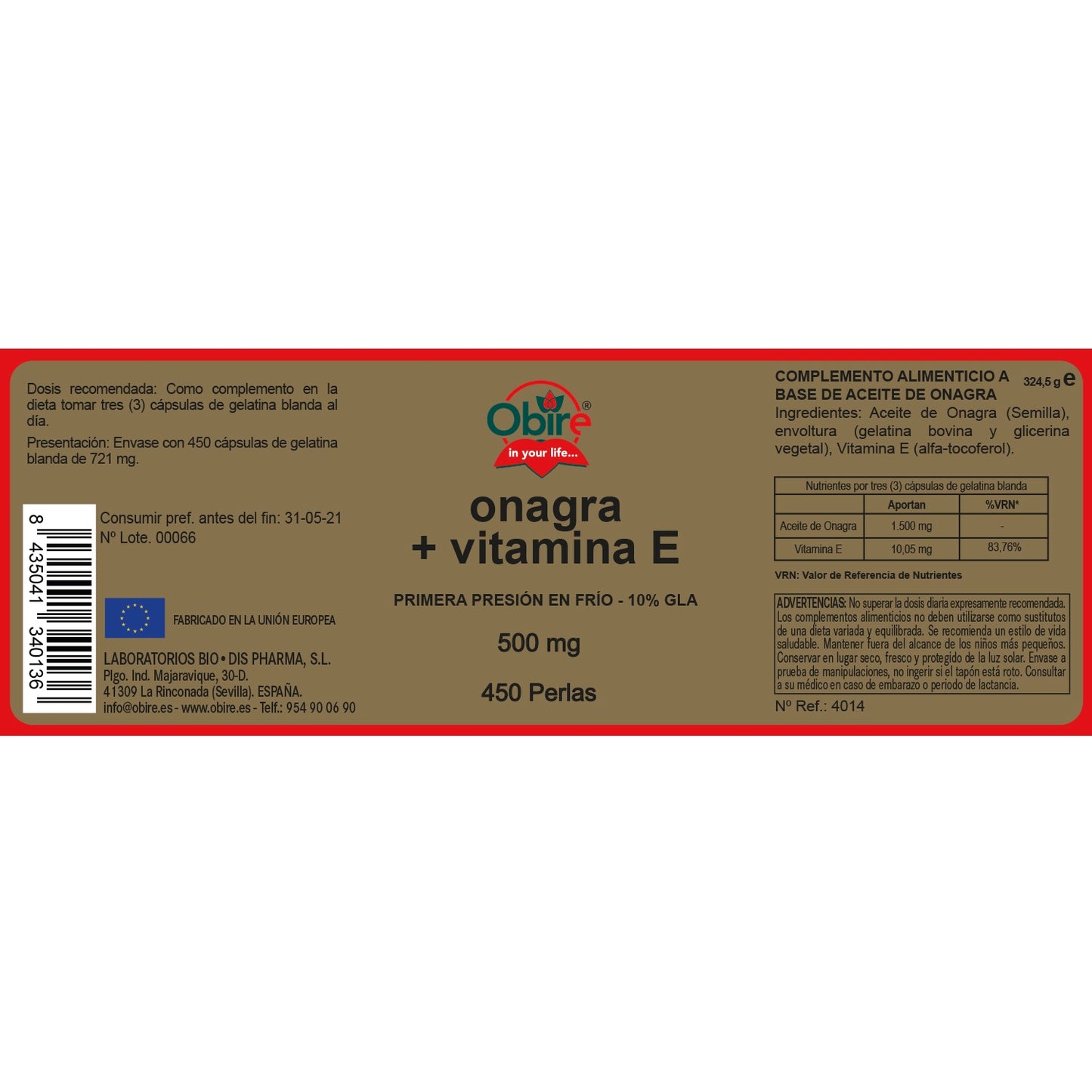 Aceite Onagra 500 mg Obire 450 cápsulas