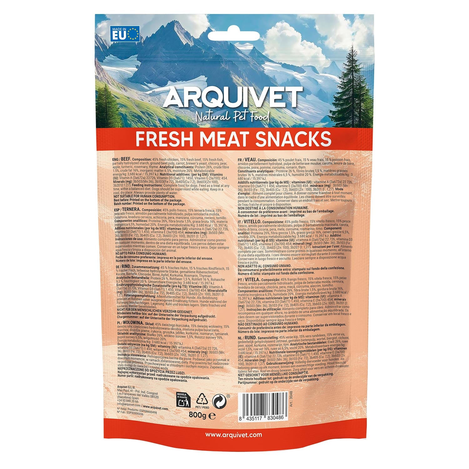 Snack para perros de carne fresca Ternera Arquivet 800 g