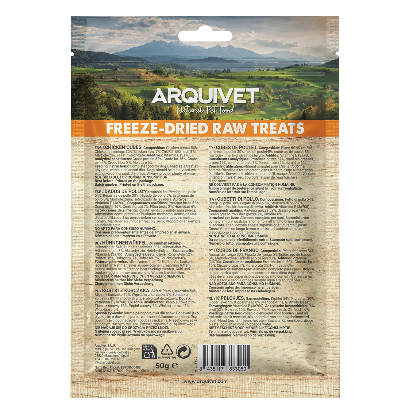 Snack Liofilizado para perros Dados de Pollo 50gr Arquivet