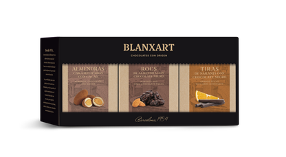 Esctuche Regalo 3 variedades: Almendras con Cacao, Rocs de Chocolate Negro,  y Tiras de Naranja con Chocolate Blanxart
