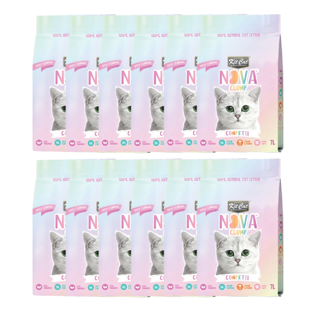 Pack 12x Kit Cat Arena Eco Nova Clump - Confetti 7 L Arena para gatos - Mezcla de Original, Fresa y Lavanda