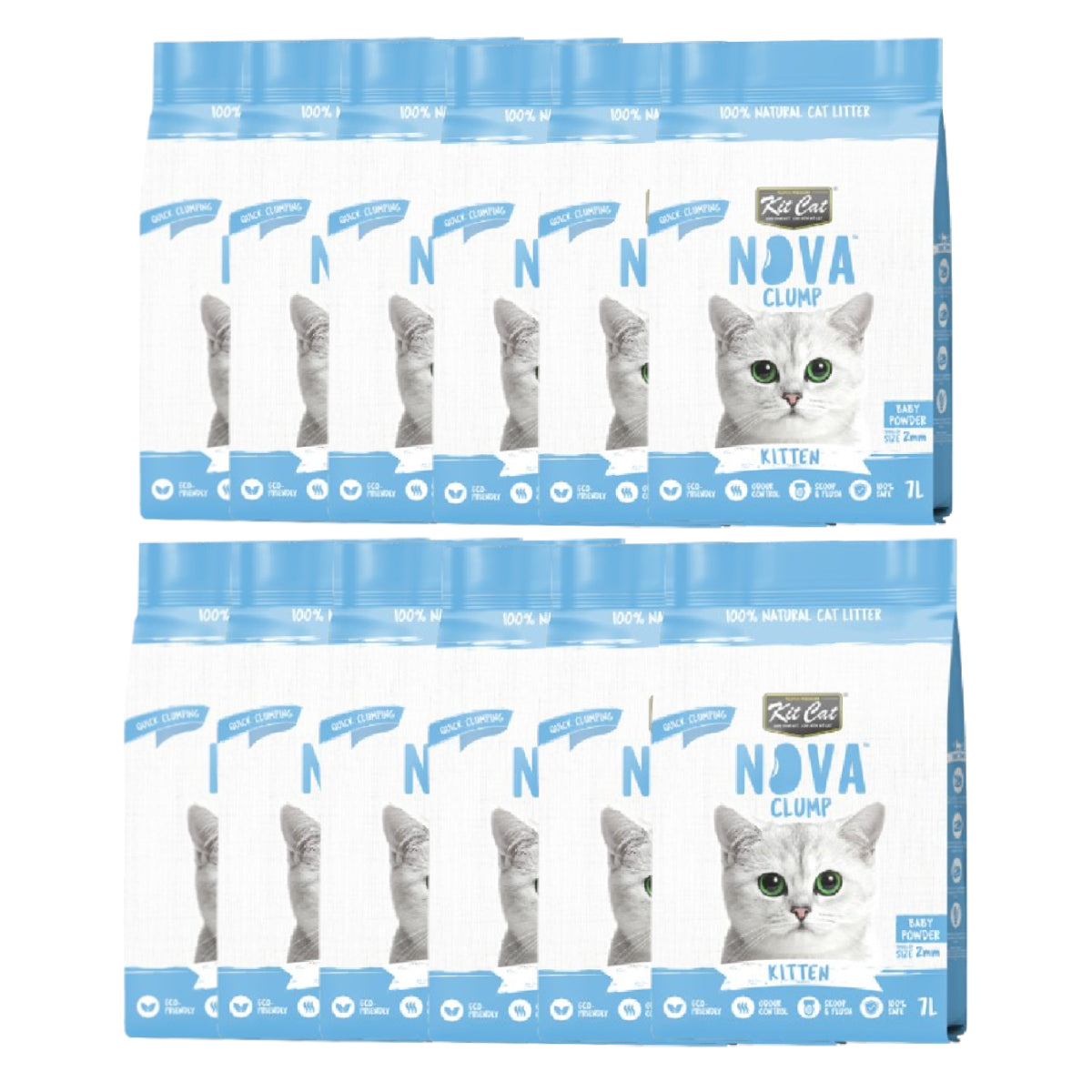 Pack 12 Kit Cat Arena Eco Nova Clump - Kitten Baby Powder 7 L Arena para gatos - Granulado fino Fragancia Suave