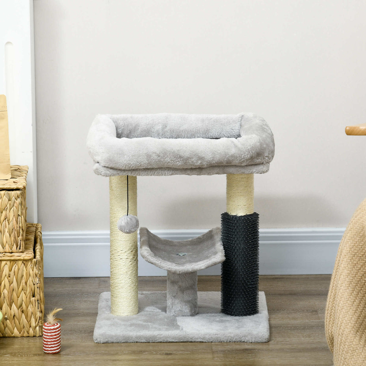 Pawhut Rascador Para Gatos Altura 48 Cm Con Plataforma En U Y Cepillo Gris_1