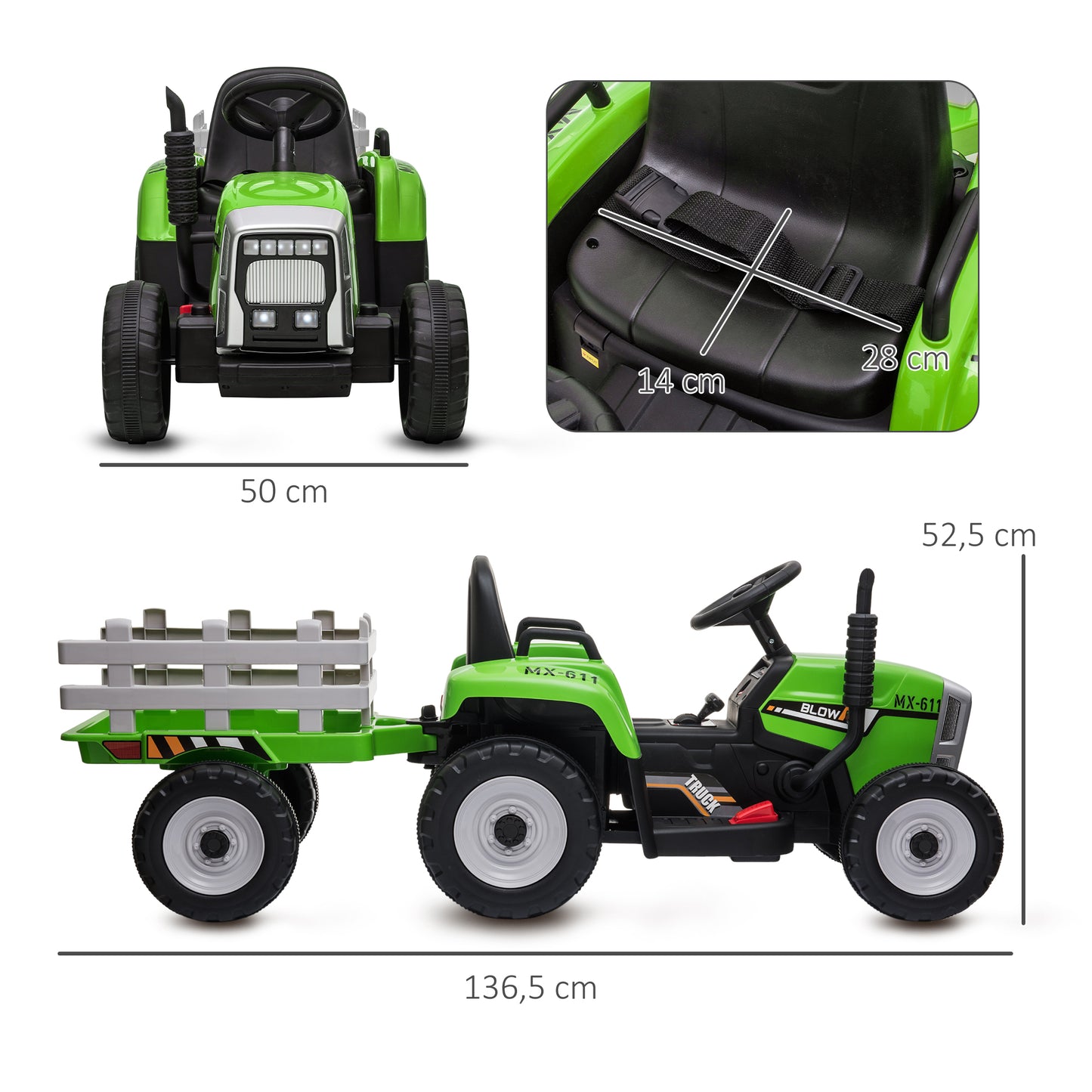Homcom Tractor Eléctrico Con Remolque Para Niños 3-6 Años 136,5x50x52,5 Cm Verde_2
