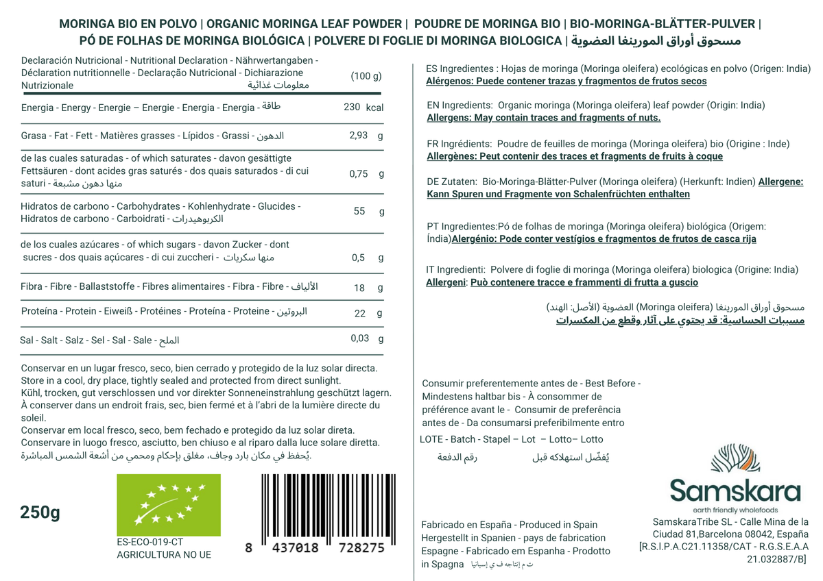 Moringa En Polvo Bio - 250g | Superalimento Ecológico Vegano Para Batidos, Smoothies Y Zumos, Sin Azúcares Añadidos_1