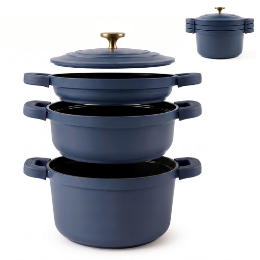 Briebe Totem Batería Cocina Inducción Apilable 4 Piezas Ø 22cm Sartén + 2 Cacerolas + Tapa, Antiadherente Cerámico Sin_0