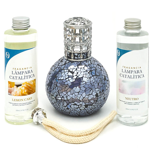 Pack Lámpara Catalítica Mosaico Azul Océano + Fragancia Lemon Cake 500ml + Limpiador Neutro 200ml + Mecha De Repuesto_0