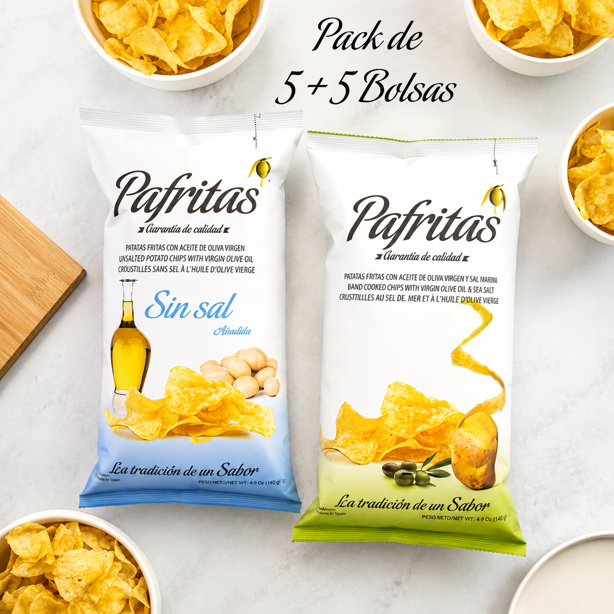 Patatas Fritas Artesanas | Pack Patatas Con Aceite De Oliva Virgen | 5x120g Bolsas Con Sal Marina + 5x14og Sin Sal_2