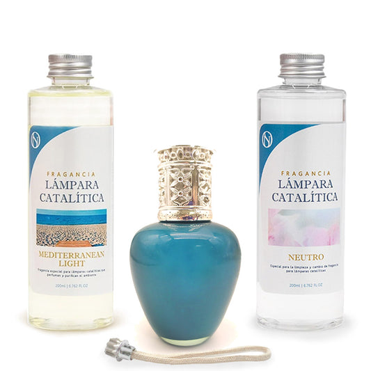 Pack Lámpara Catalítica Aqua Marina + Fragancia Mediterranean Light 500ml + Limpiador Neutro 200ml + Mecha De Repuesto_0