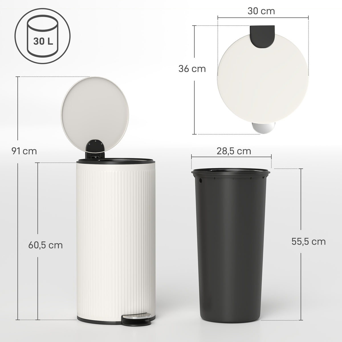 Balde De Lixo Homcom Metal E Plástico Creme Branco 36x30x60,5 Cm 851-063v00cw_2
