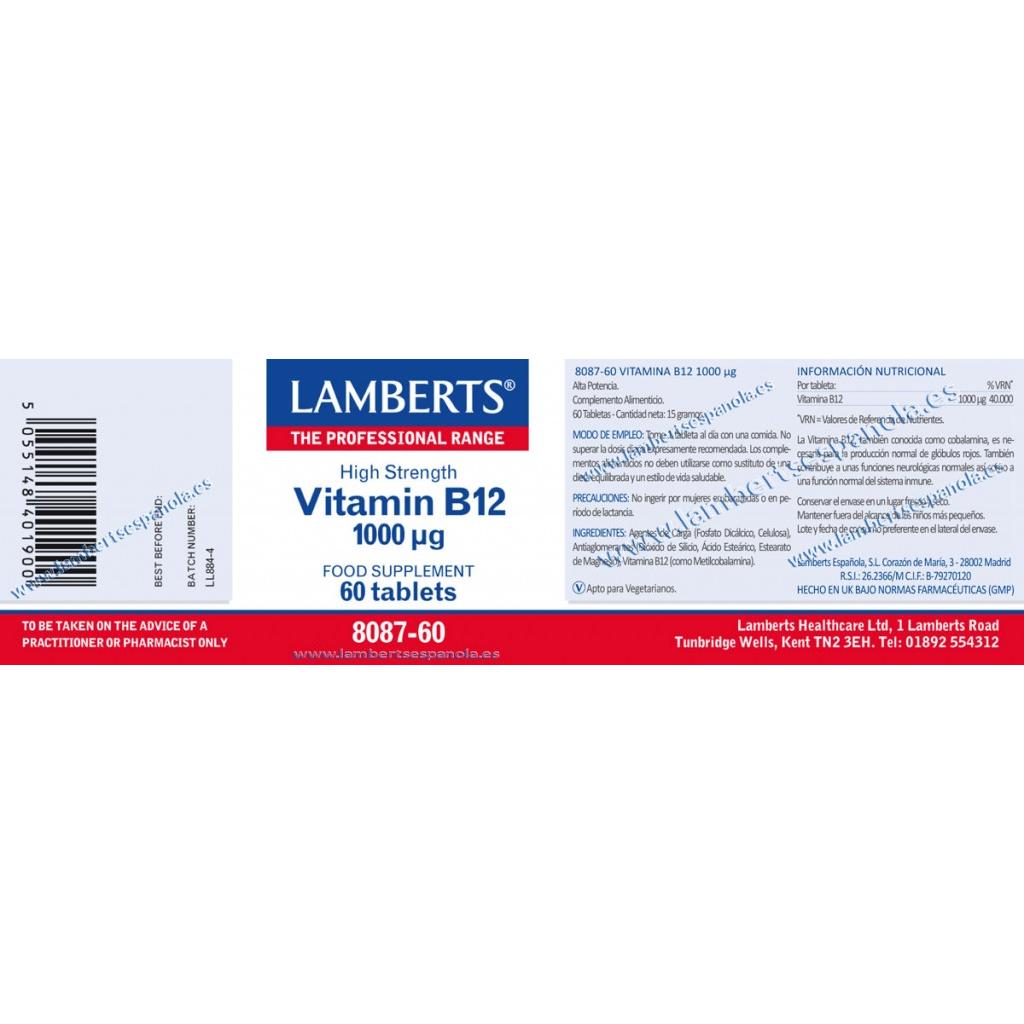 Vitamina B12  60 tabletas de 1000mg, Lamberts