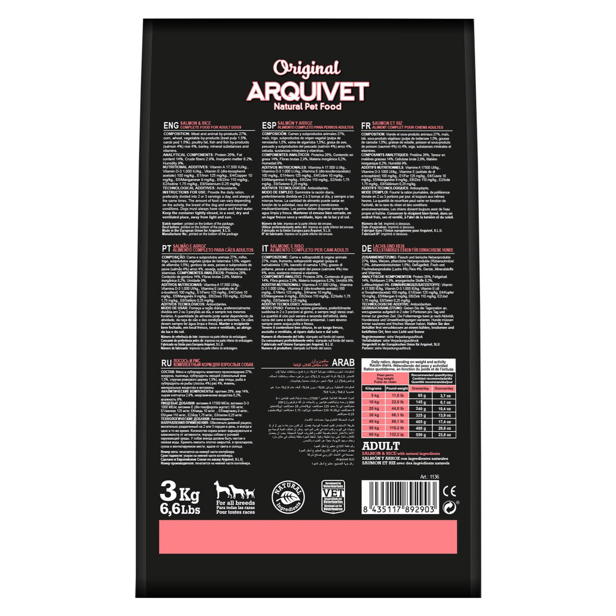 Pienso para perros  Original Salmón y arroz Arquivet 12 Kg 12 kg