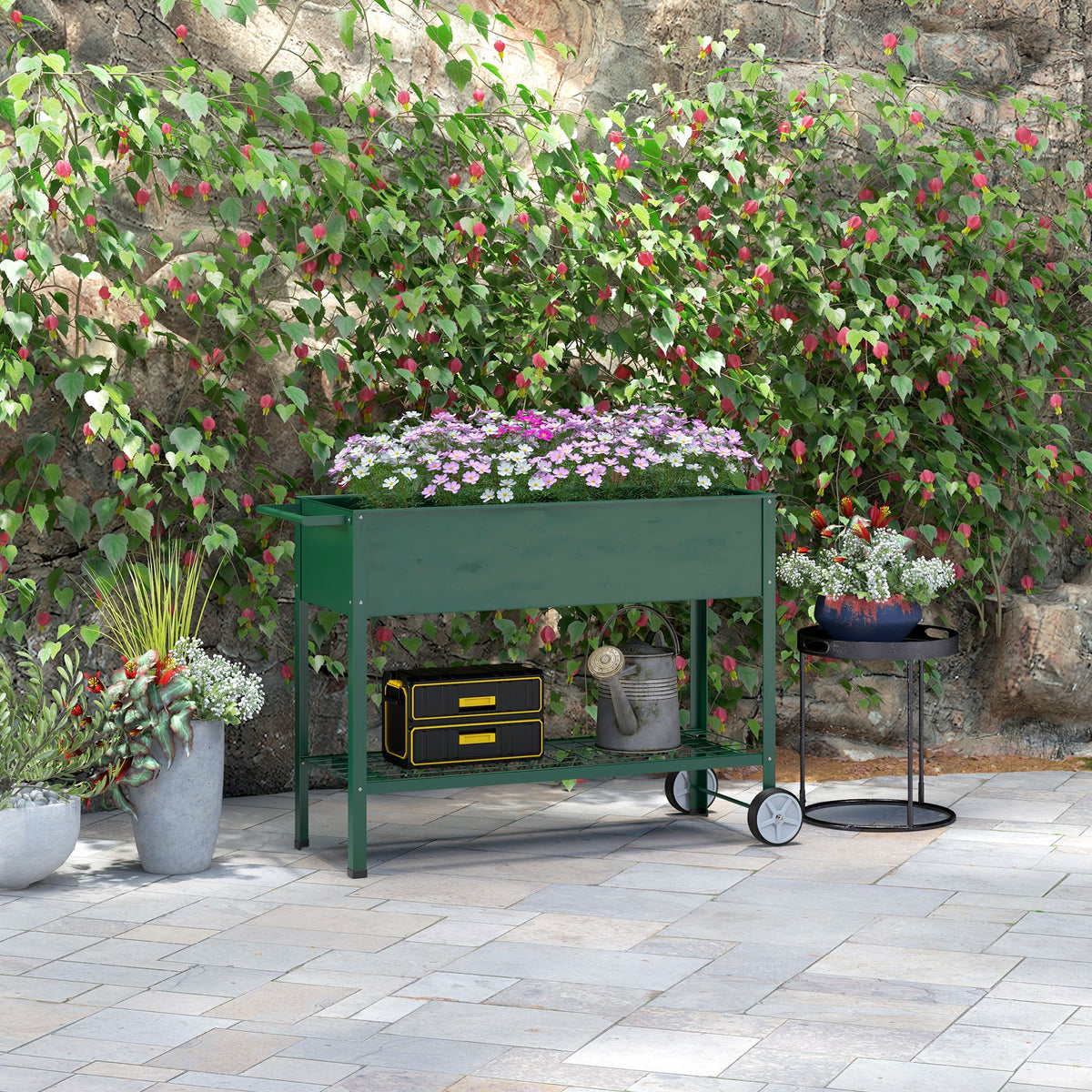 Outsunny Mesa De Cultivo 109x44x80 Cm Con 2 Ruedas Estante Y Asa Verde_1
