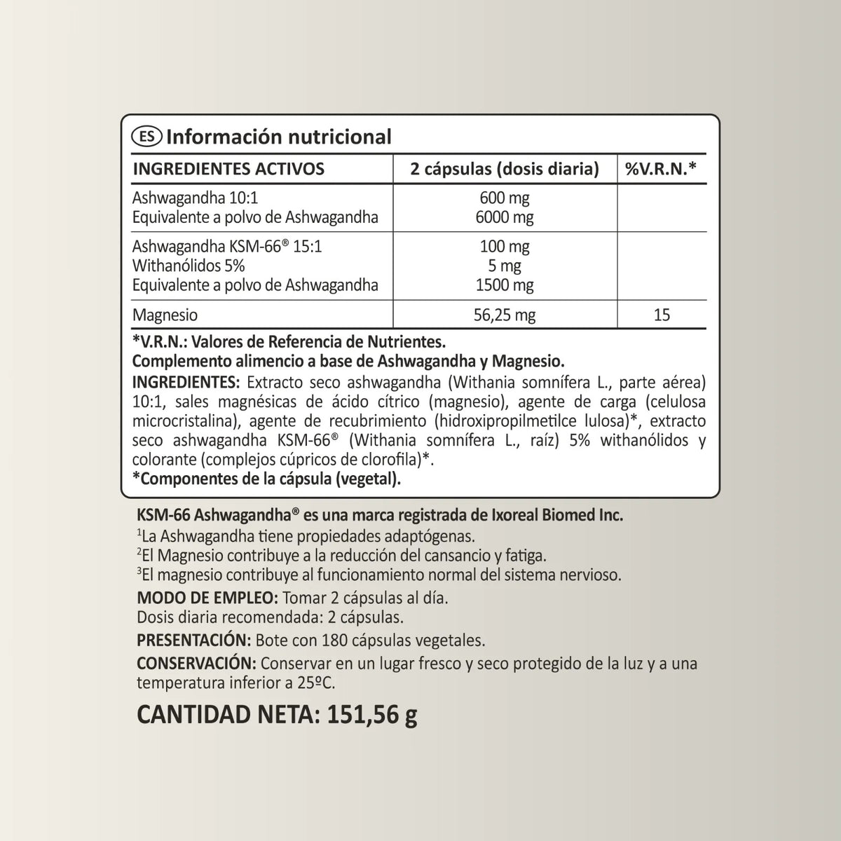 Ashwagandha KSM-66 90 días Relajación N2 Natural Nutrition 180 cápsulas