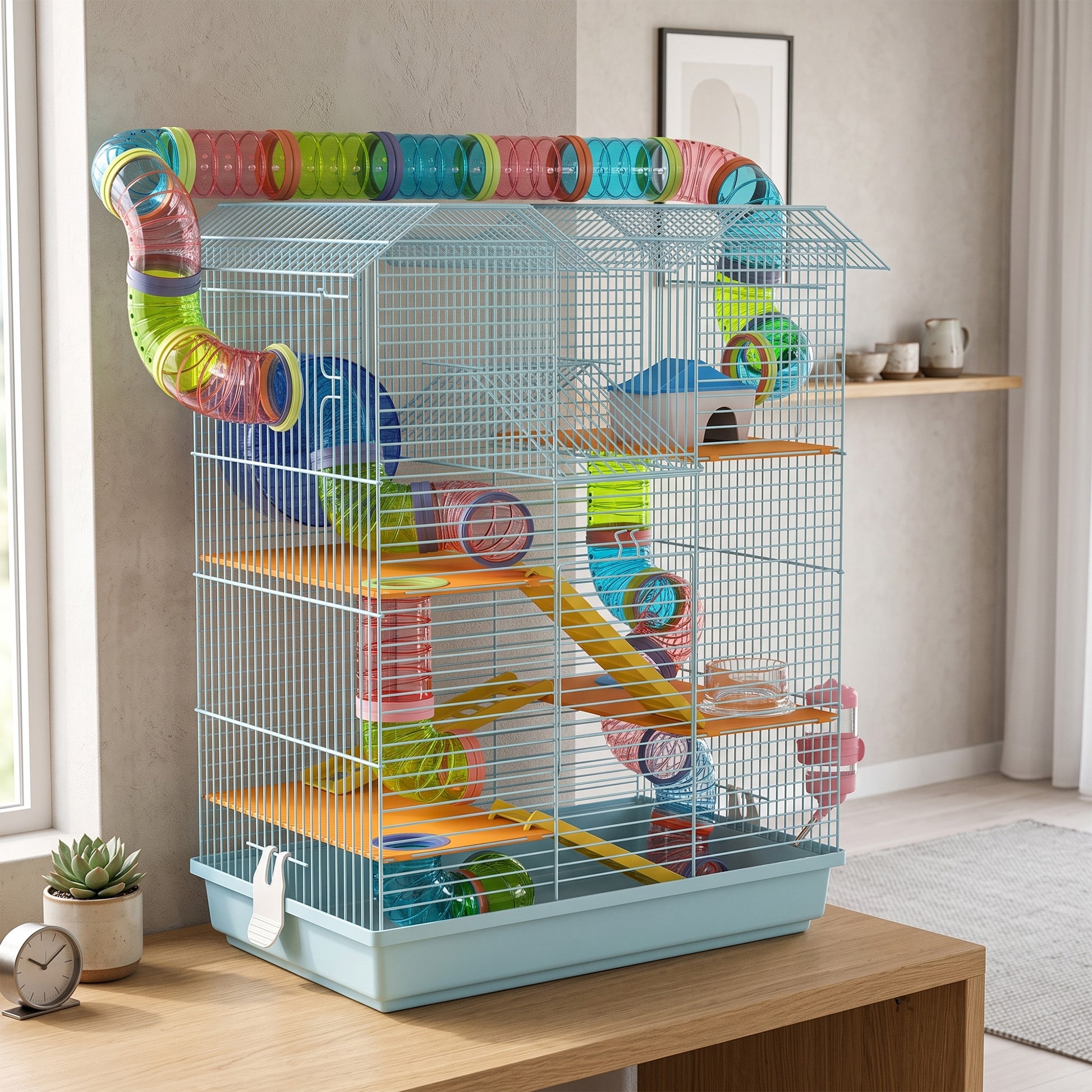 Pawhut Jaula Para Hámster Con Tubos Casita Rueda Plataformas 47x30x59 Cm Azul_1