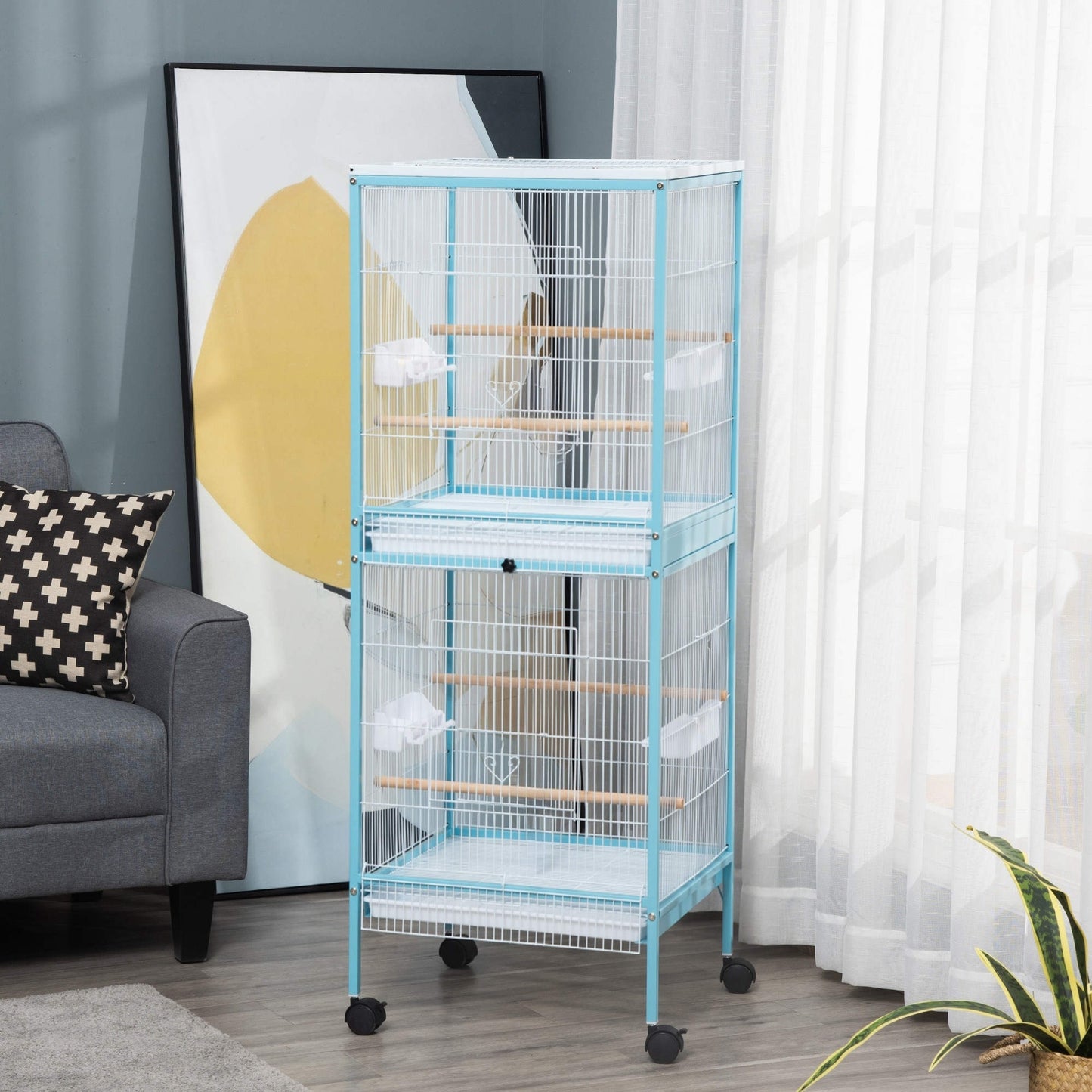Pawhut Jaula Para Pájaros De 2 Niveles Con Ruedas Bandejas Extraíbles Azul_1