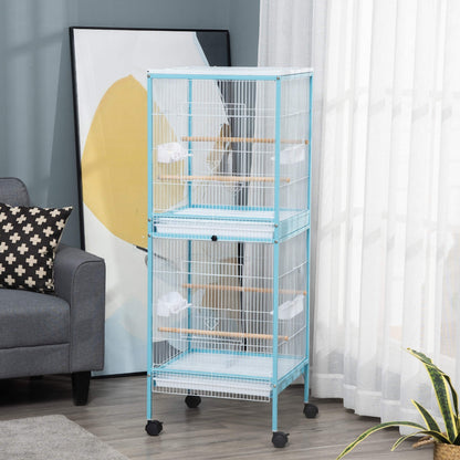 Pawhut Jaula Para Pájaros De 2 Niveles Con Ruedas Bandejas Extraíbles Azul_1