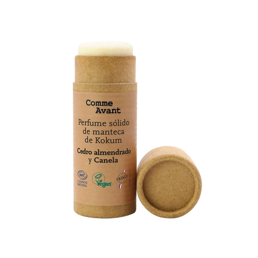 Perfume sólido amaderado y especiado con manteca de kokum Cedro almendrado y Canela Comme Avant 20 ml