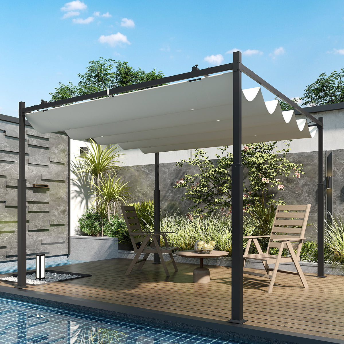 Outsunny Pérgola De Jardín 3x3 M Con Techo Retráctil Y Accesorio Magnético Crema_4