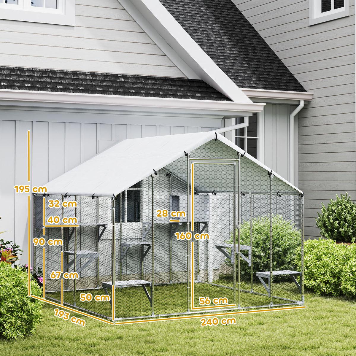 Pawhut Jaula Grande Para Gatos Exterior Con 2 Casitas 240x193x195 Cm Plata_2