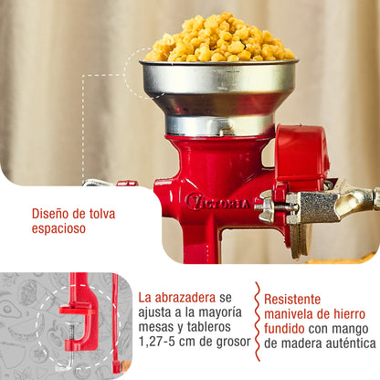 Victoria Molino Cereales Manual Hierro Fundido Para Moler Café, Maíz, Semillas, Grosor Ajustable, 30032, Rojo_2