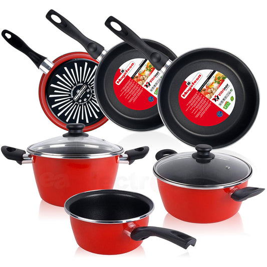 Bateria De Cocina 5 Piezas + Set Juego 3 Sartenes 18-20-24cm, Acero Vitrificado 820ºc, Libre Pfoa Magefesa Grana, Rojo_0