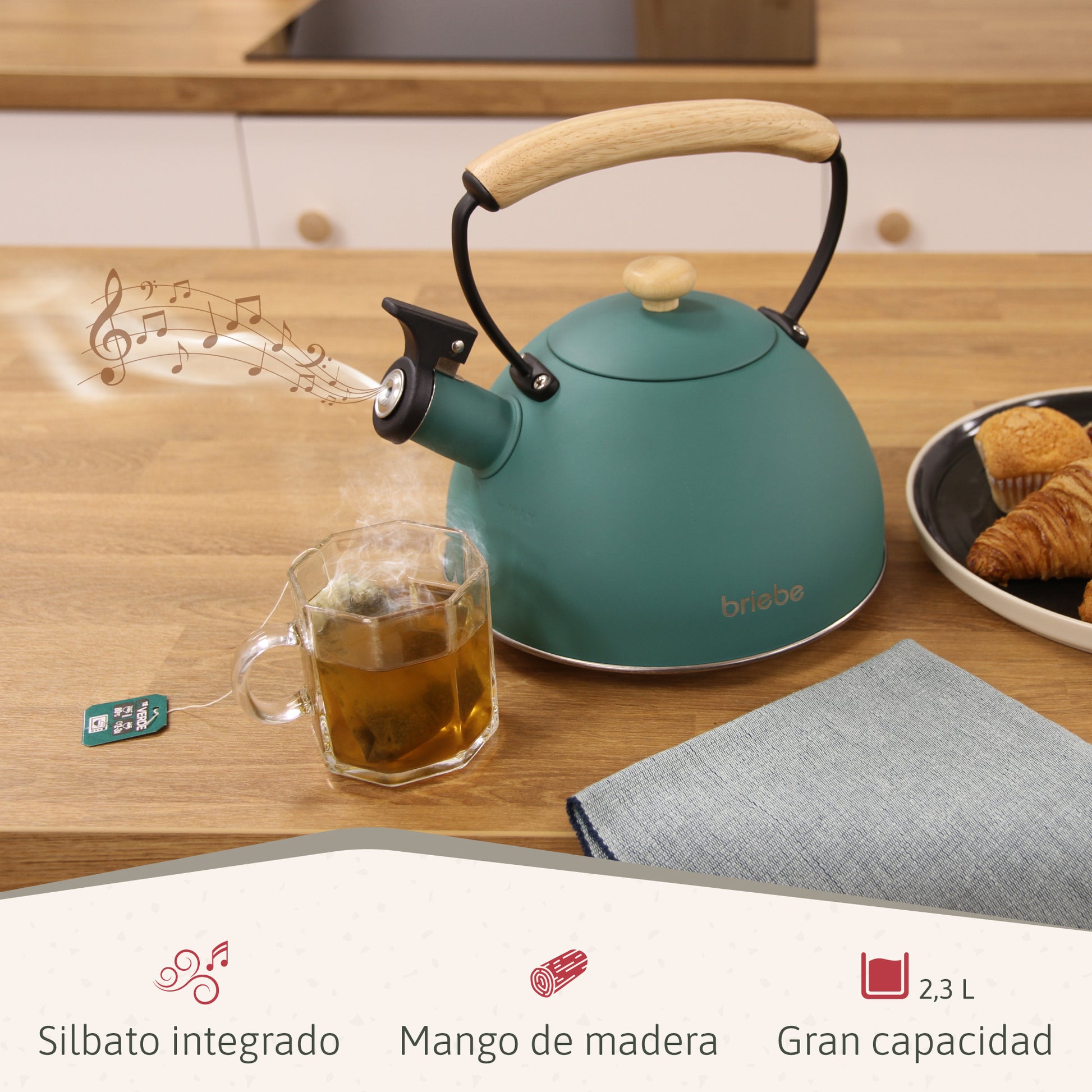 Briebe Tetera Con Silbato, Hervidor De Agua 2,3l, Inducción, Acero Inox, Vintage, Mango Madera, Nordic, Verde_1