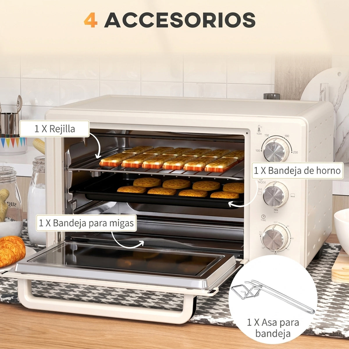 Homcom Horno Eléctrico De Sobremesa De 21l 1400w Con Temporizador Crema_5