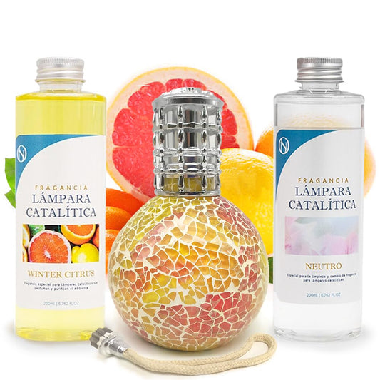 Pack Lámpara Catalítica Mosaico Bicolor + Fragancia Winter Citrus 200ml + Limpiador Neutro 200ml + Mecha Repuesto_0