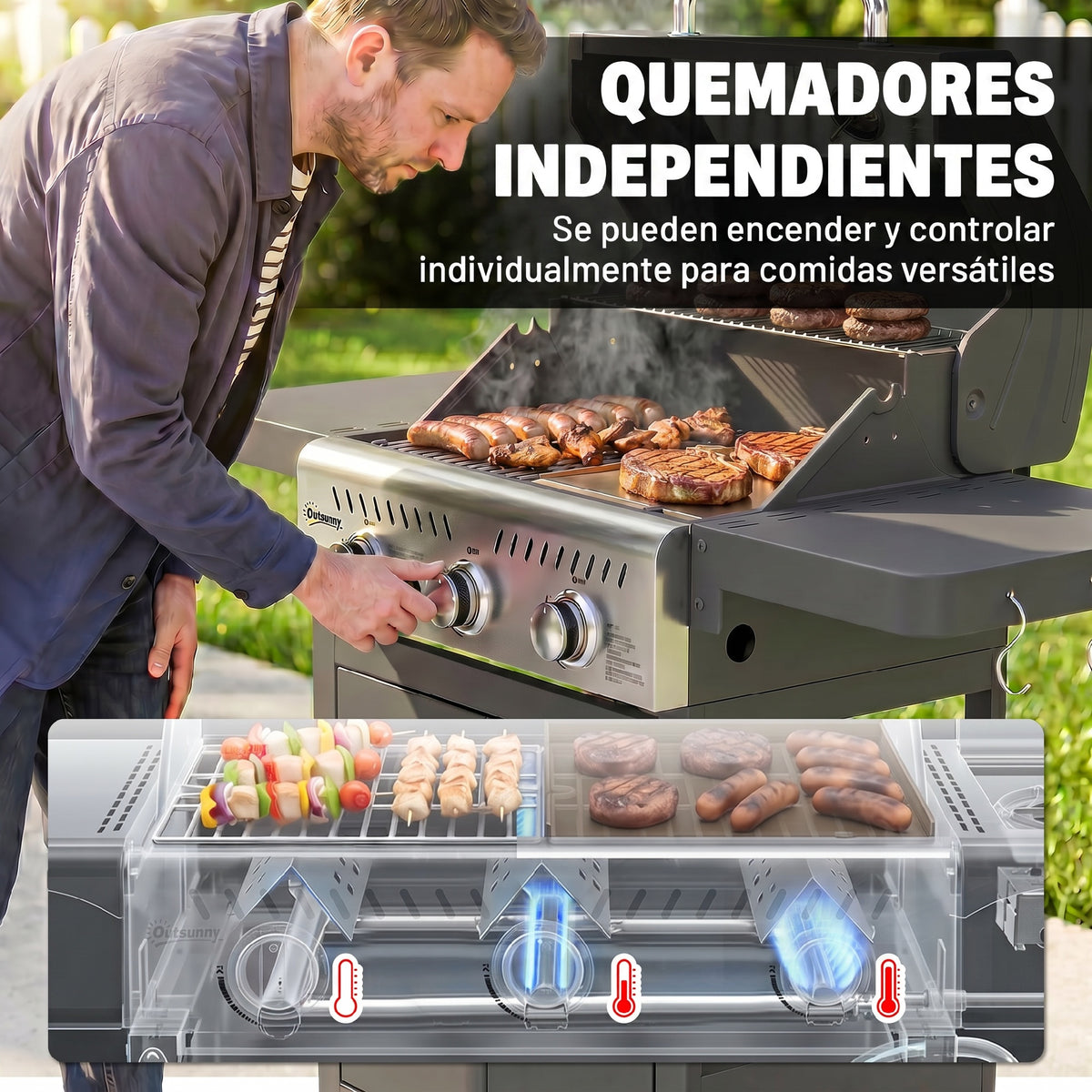Outsunny Barbacoa De Gas Con 3 Quemadores 7,5 Kw Termómetro Mesas Laterales_5